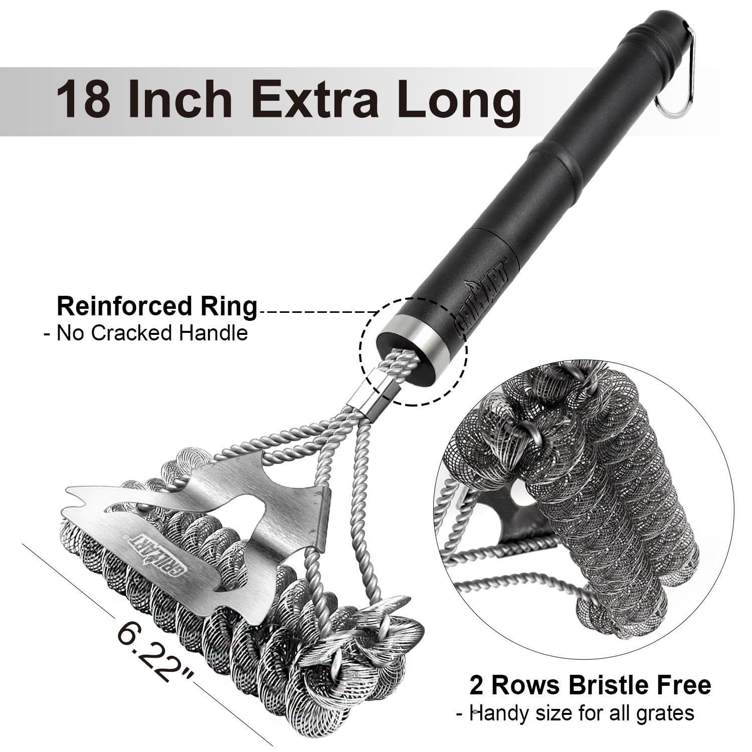 Close-up of GRILLART 18-inch grill brush handle