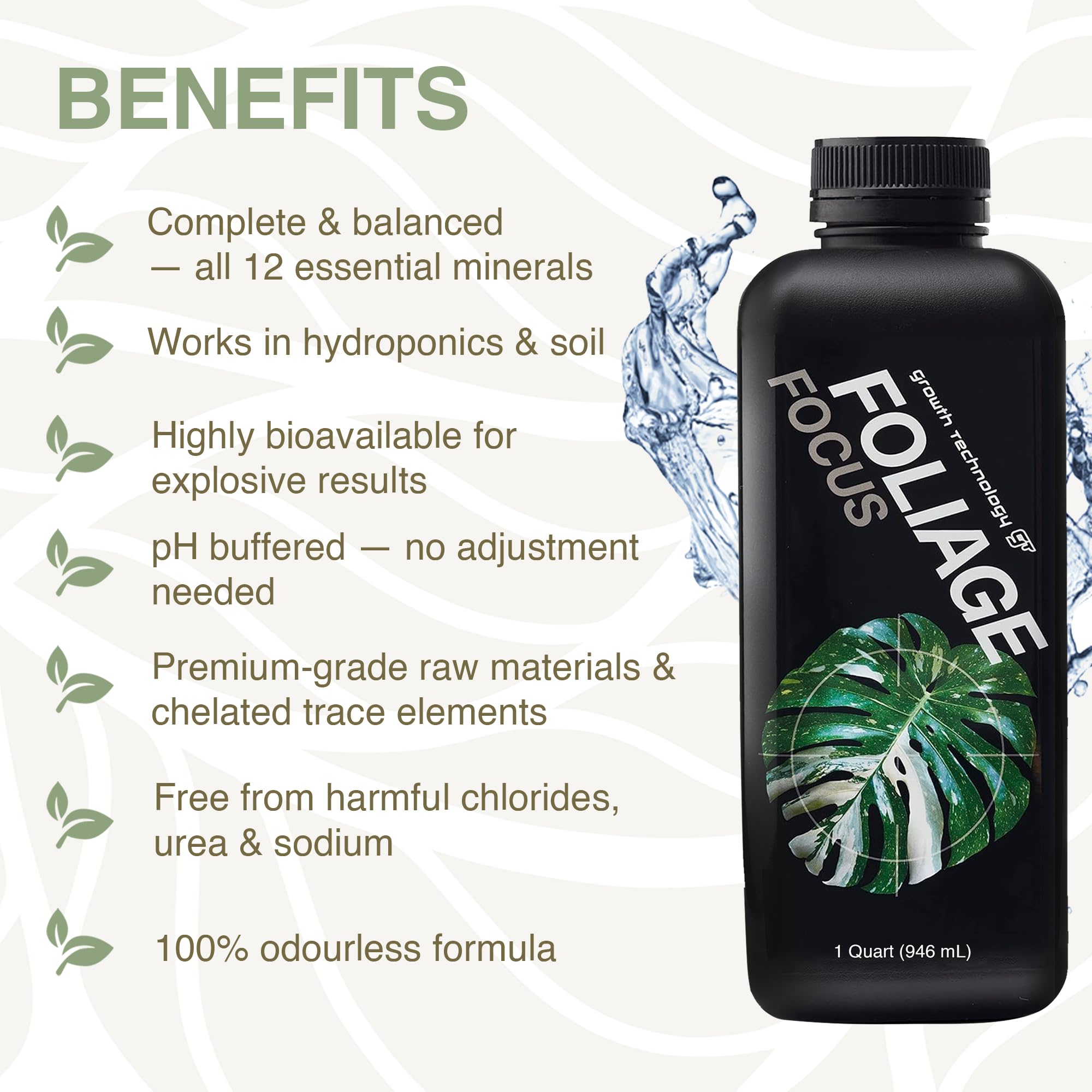 Close-up of Growth Technology GT Foliage Focus liquid plant food label