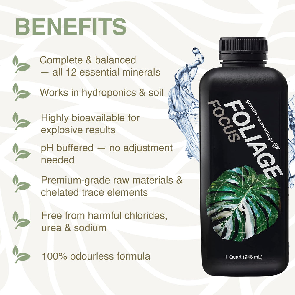 Close-up of Growth Technology GT Foliage Focus liquid plant food label