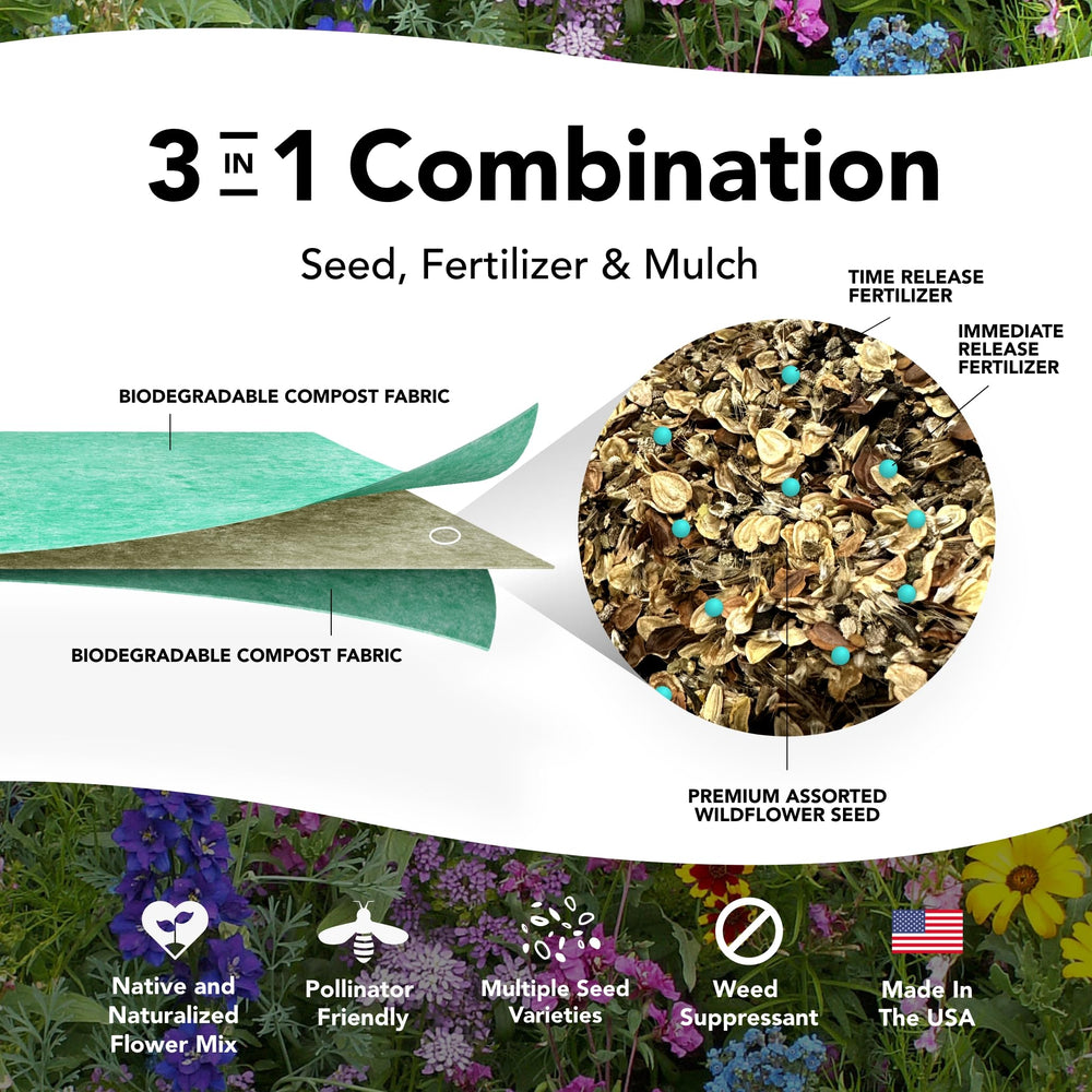 Close-up of GROWTRAX seed mat displaying diverse wildflower seeds
