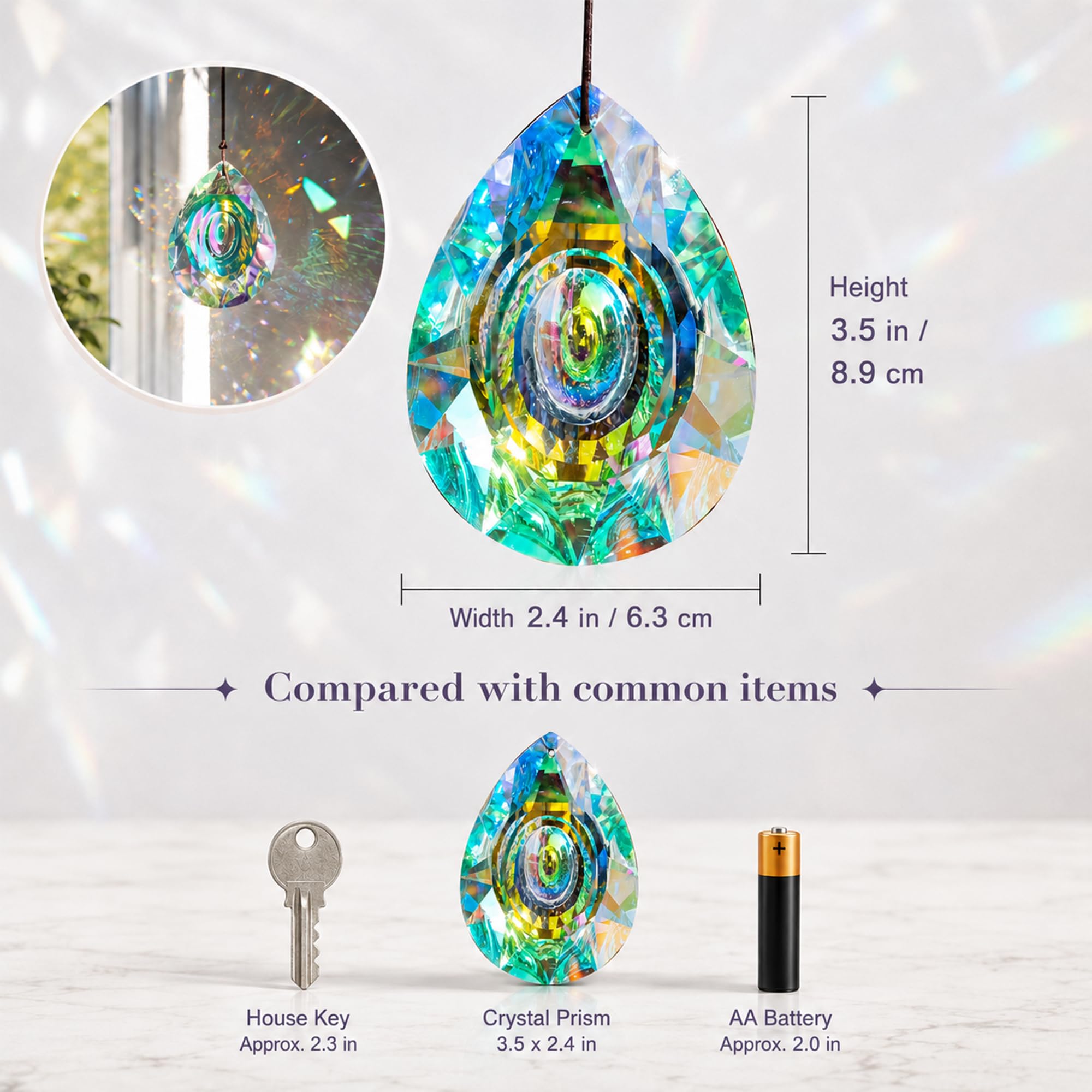 Close-up of H&D crystal prism with rainbow effect