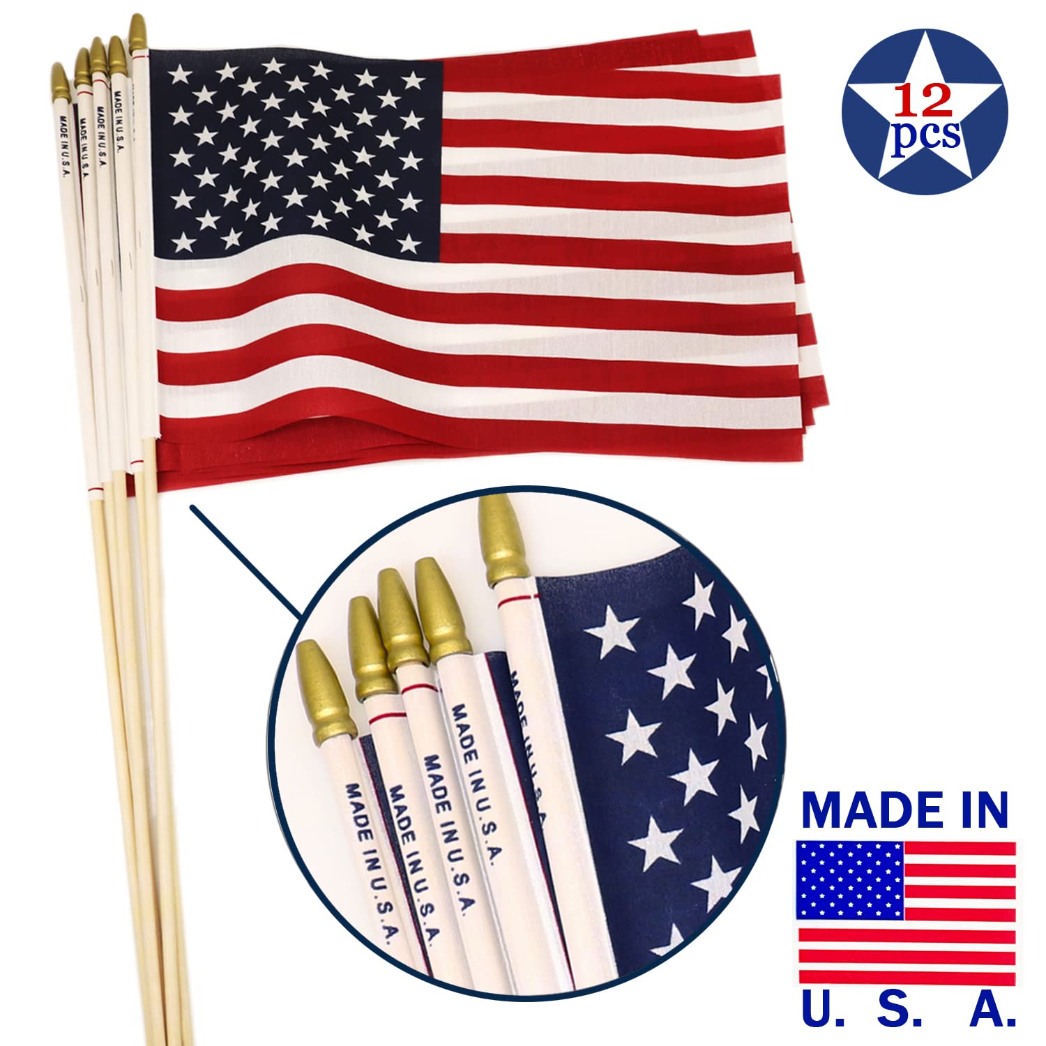 Close-up of handheld American flag on birch stick
