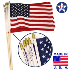 Close-up of handheld American flag on birch stick