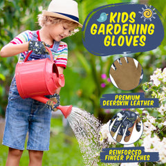 Close-up of HANDLANDY Kids Leather Gardening Gloves showing deerskin leather