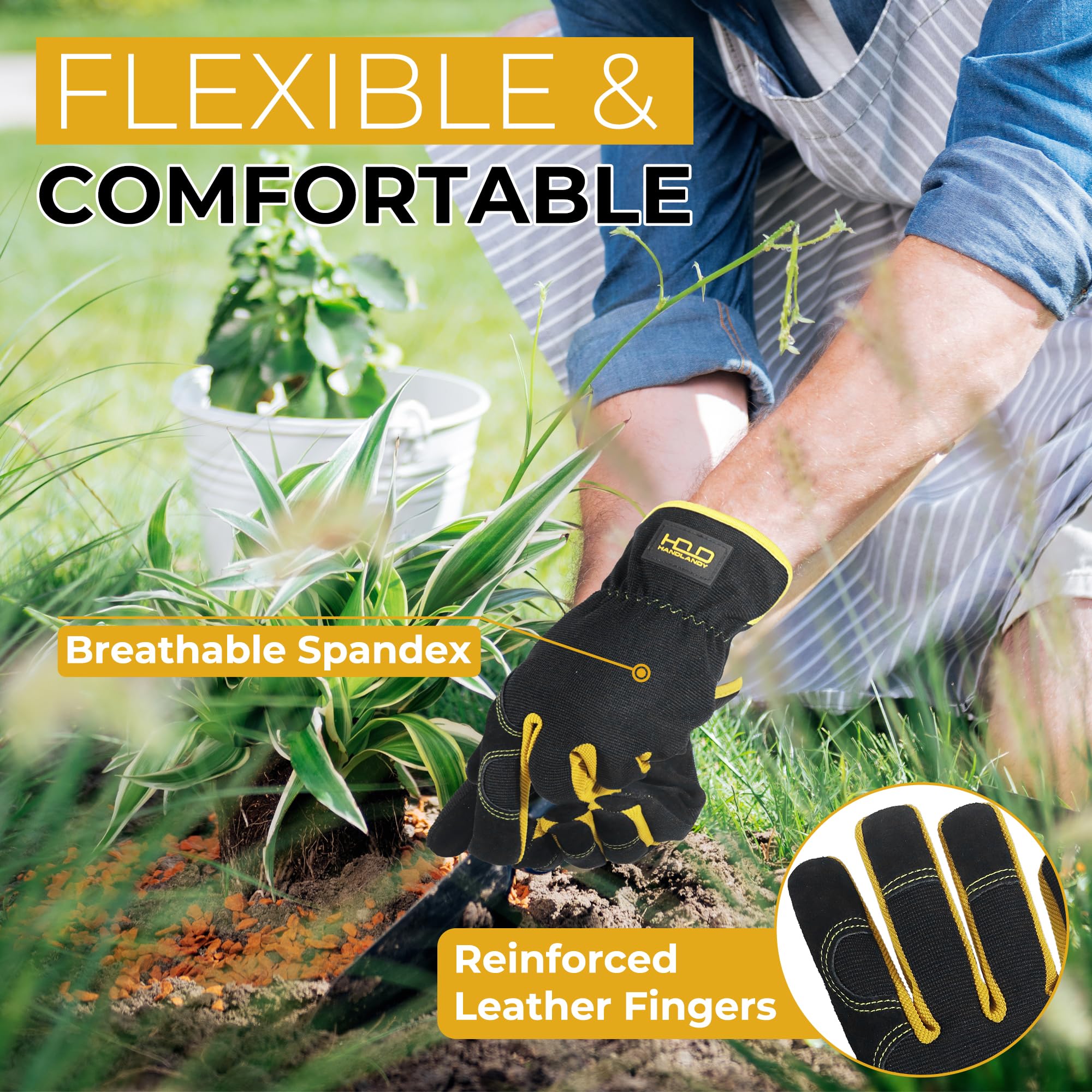 Close-up of HANDLANDY Leather Gardening Gloves palm area made of cowhide leather
