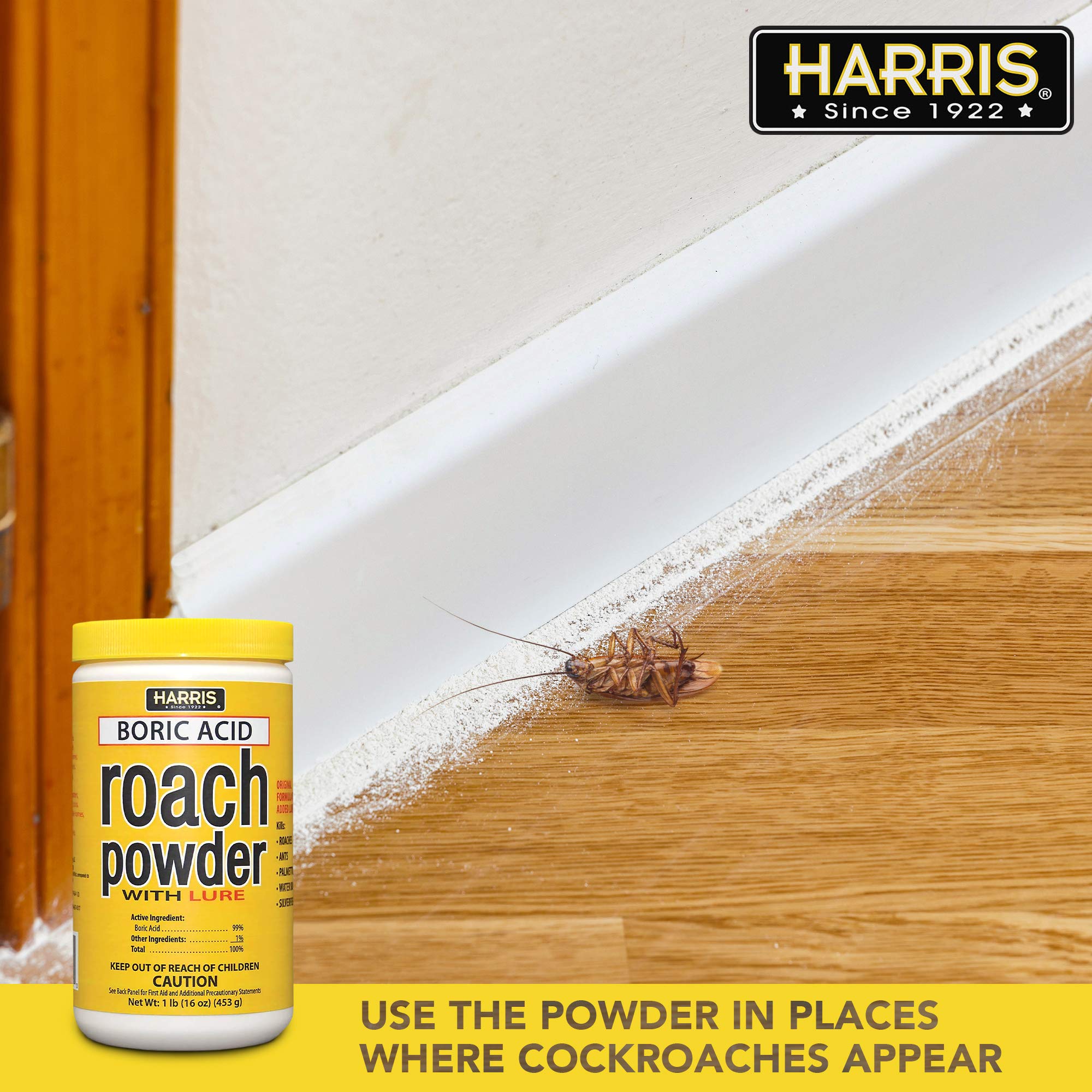 Close-up of HARRIS Boric Acid Roach Killer Powder on a surface