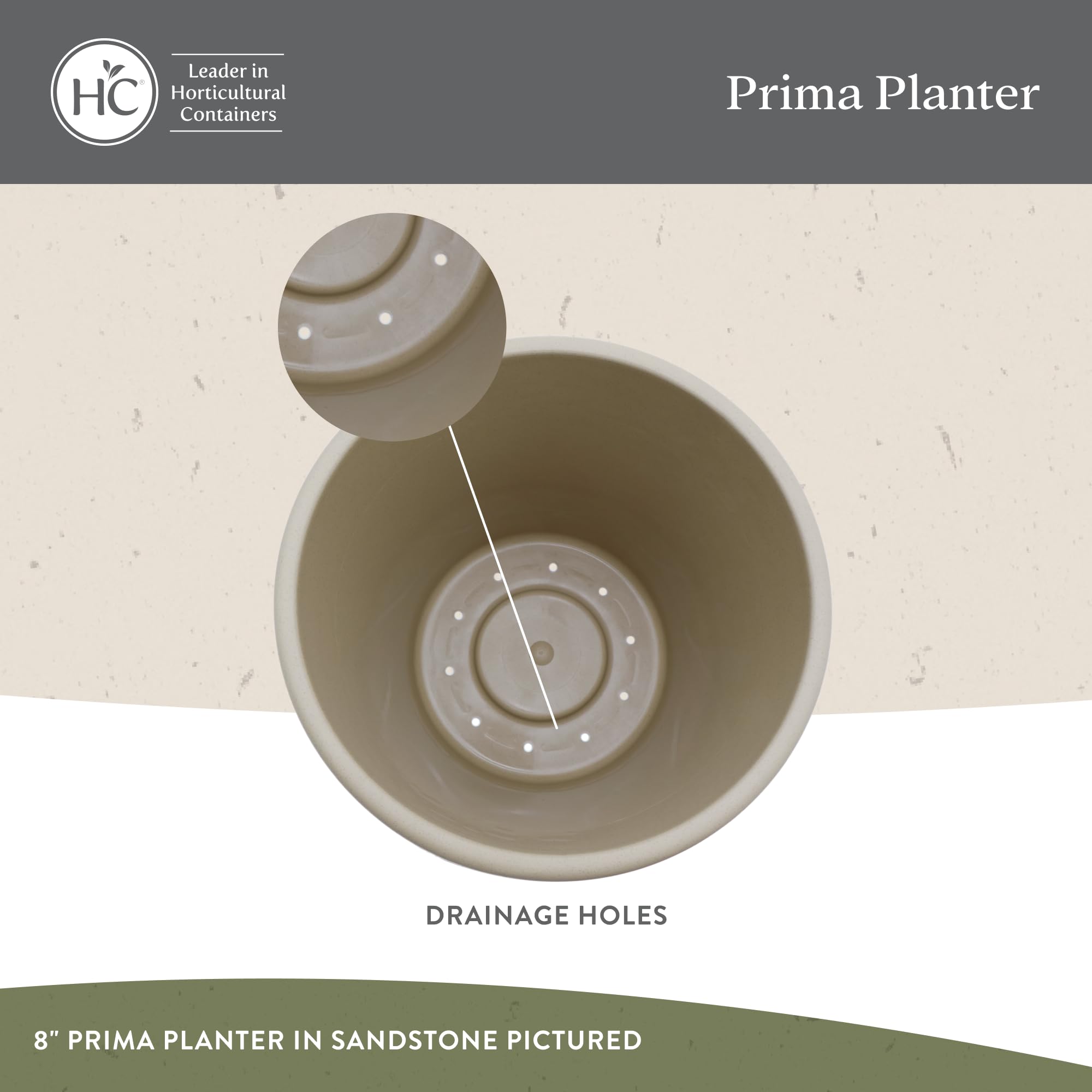 Close-up of HC Companies planter pot drainage holes