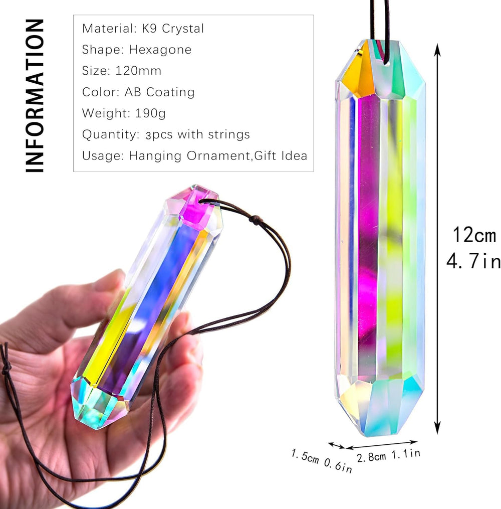 Close-up of HDCRYSTALGIFTS crystal prism showing AB color reflection