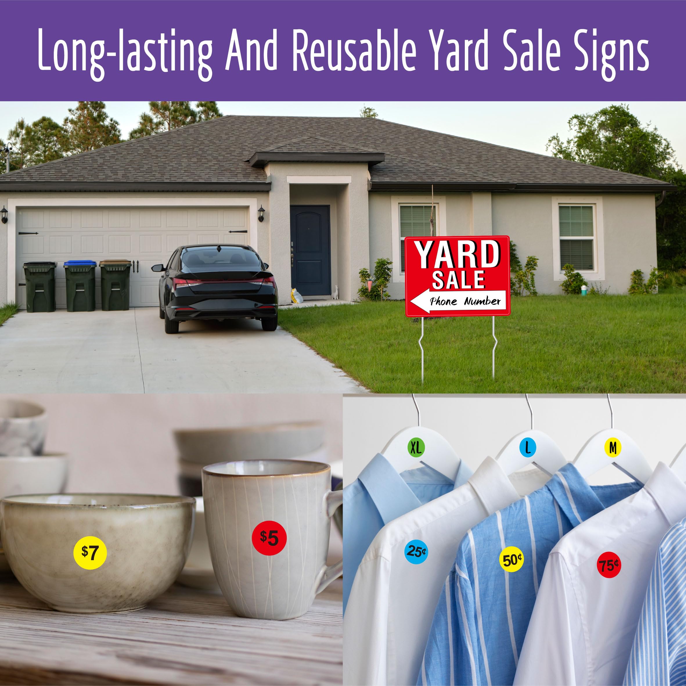 Close-up of Hebayy yard sale sign with arrow