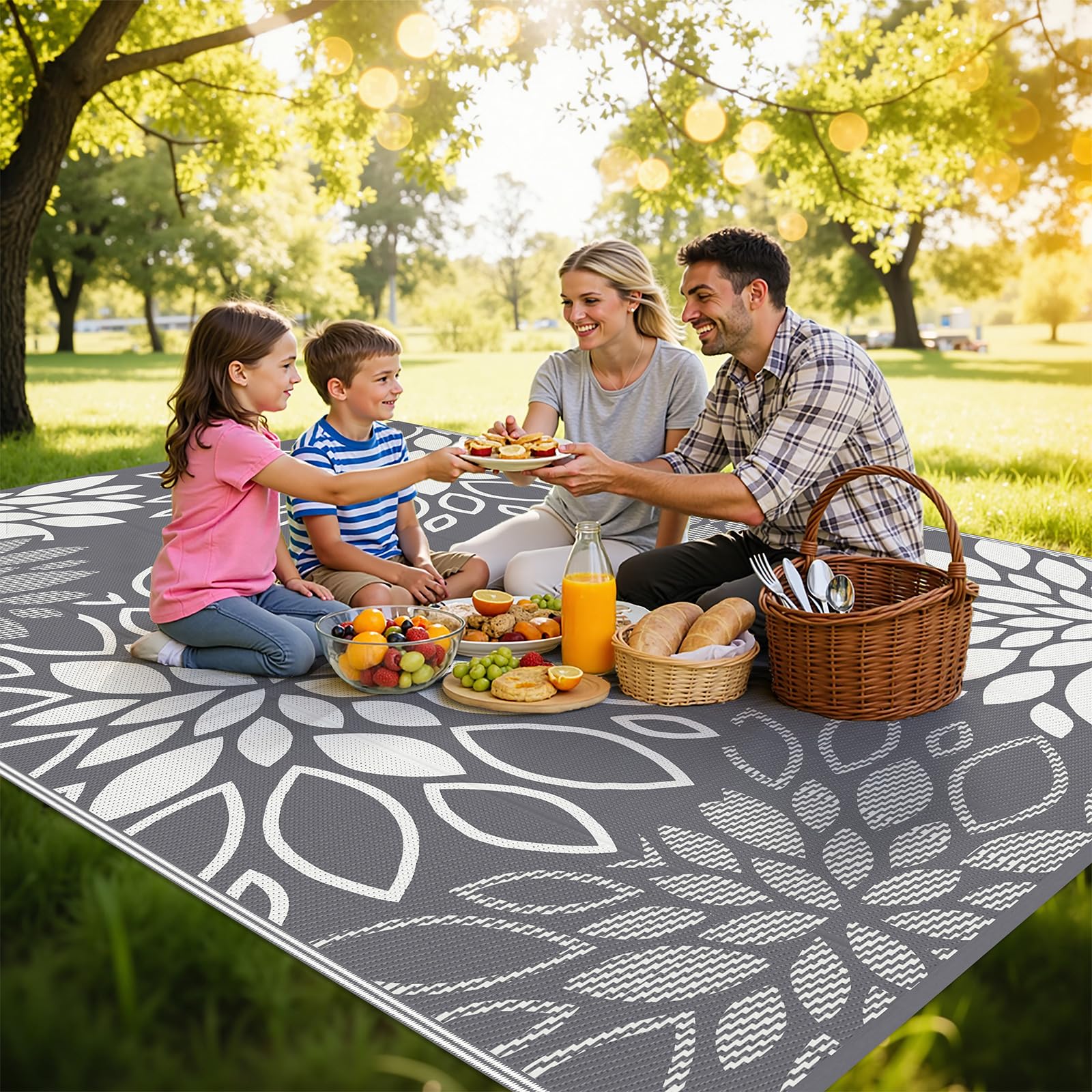 Close-up of HEBE outdoor rug texture showing floral pattern