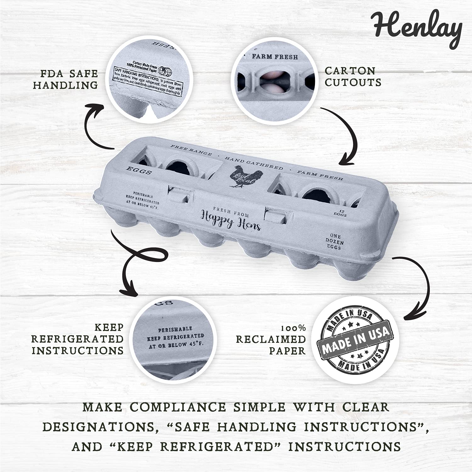 Close-up of Henlay egg carton with phrases like Farm Fresh and Hand Gathered