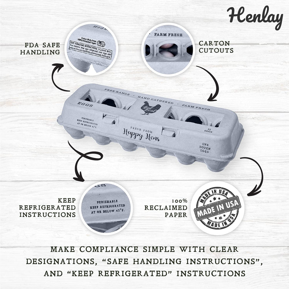 Close-up of Henlay egg carton with phrases like Farm Fresh and Hand Gathered