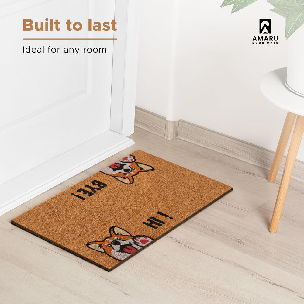Close-up of Hi-Bye Dog design on AMARU Coir Welcome Mat