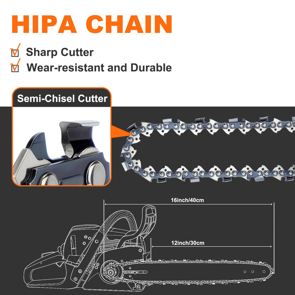 Close-up of Hipa chainsaw chain showing low kickback feature