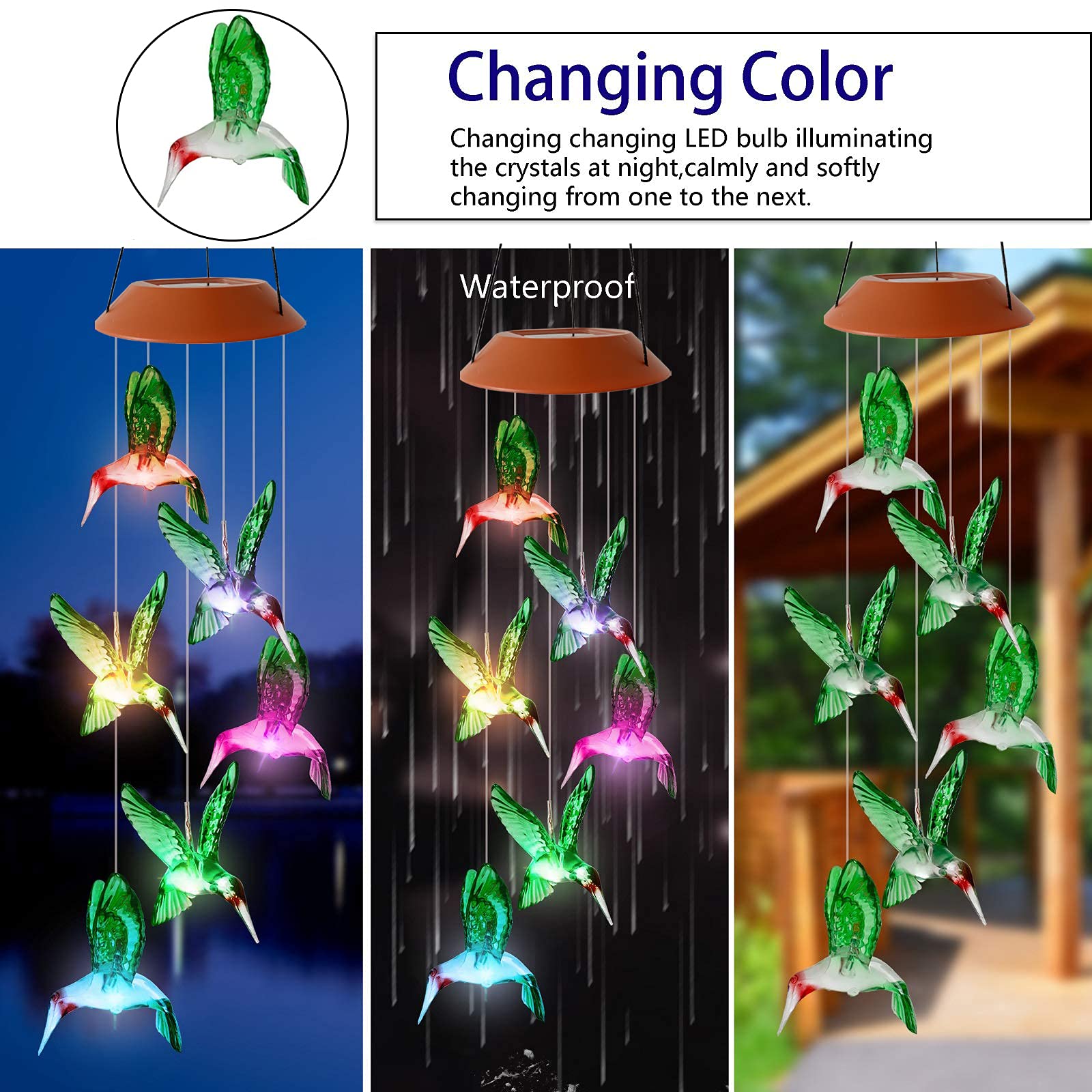 Close-up of HiSolar Hummingbird wind chime showing LED details