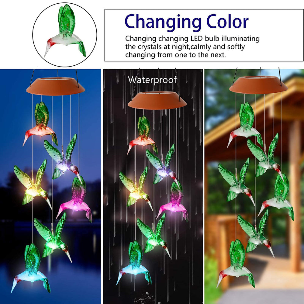 Close-up of HiSolar Hummingbird wind chime showing LED details
