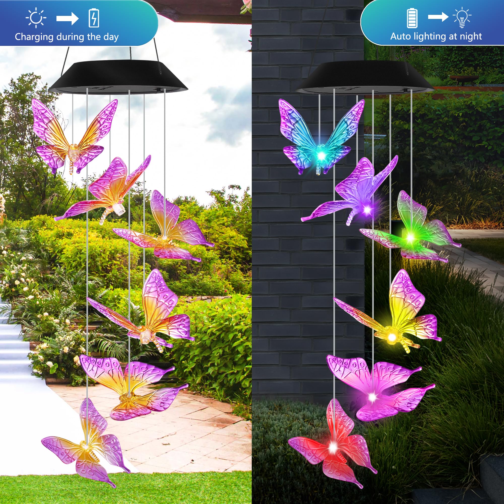 Close-up of HiSolar Purple Butterfly Solar Wind Chimes with colour changing lights