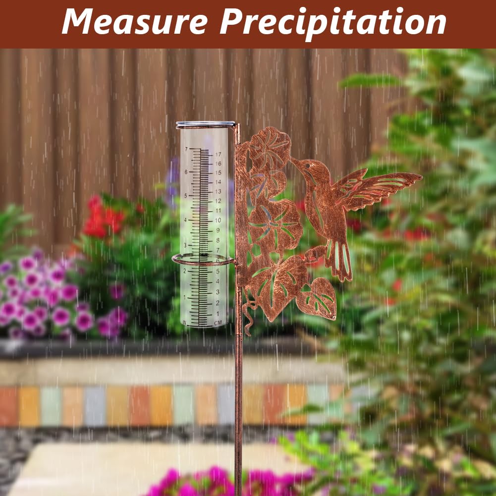 Close-up of HOBYLUBY hummingbird design on rain gauge