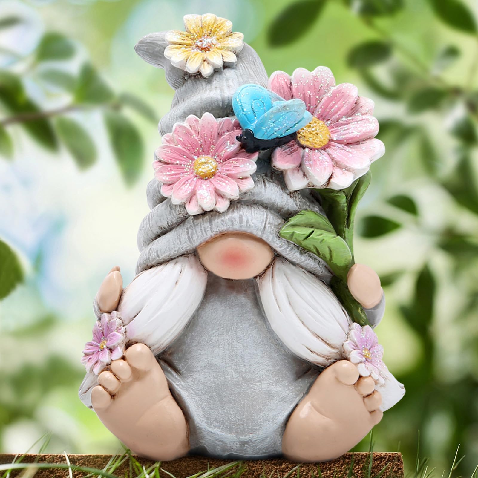 Close-up of Hodao Spring Gnome Figurine's floral features