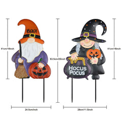 close-up of hogardeck Halloween garden stakes, colorful metal design
