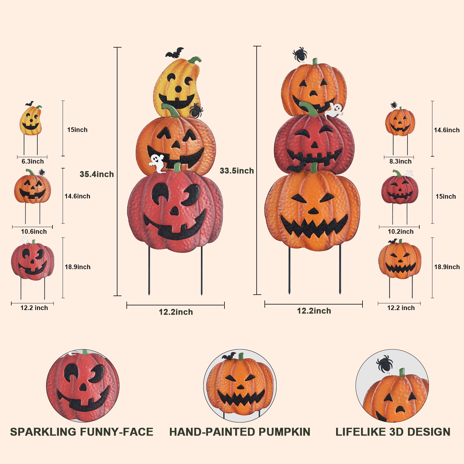 Close-up of Hogardeck pumpkin garden stake with wind-catching ornaments