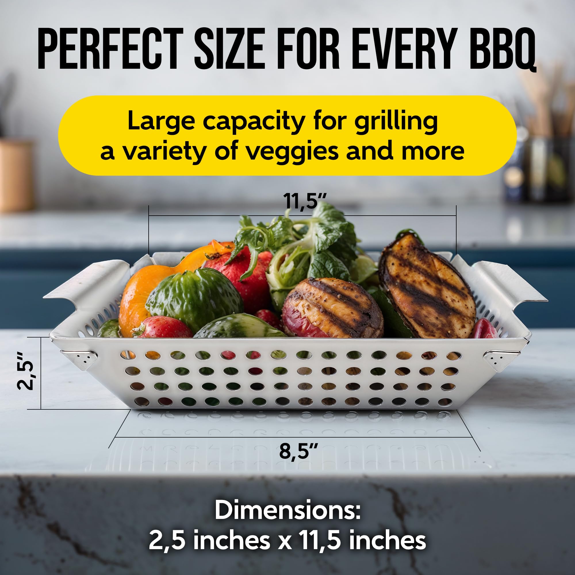 Close-up of holes in Kaluns Grill Basket for even grilling