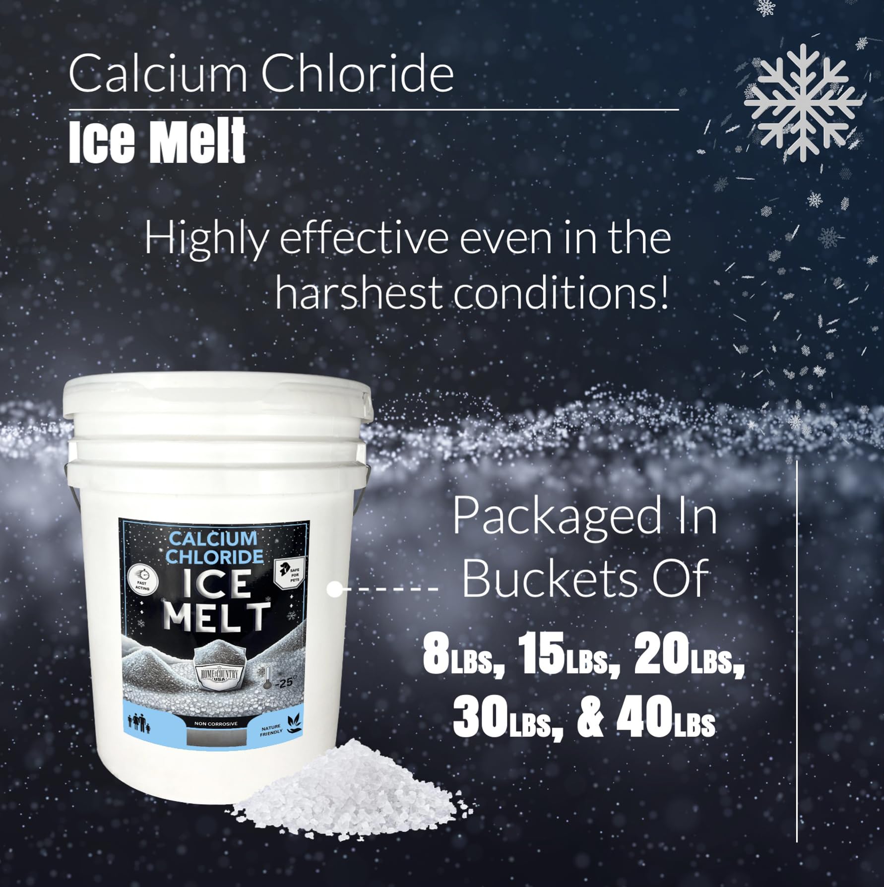 Close-up of Home and Country USA Calcium Chloride Pellets inside the pail