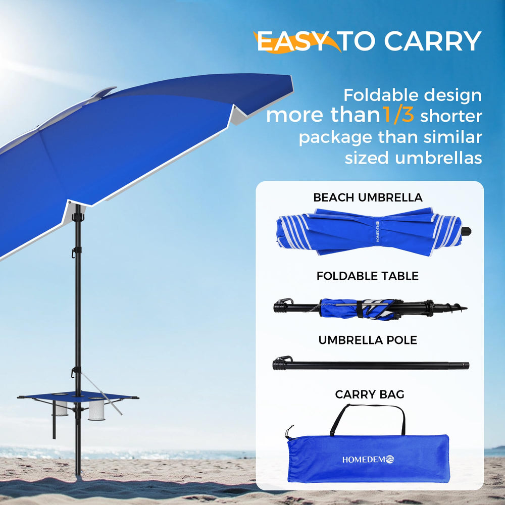 Close-up of HOMEDEMO beach umbrella fabric showing UPF 50+ rating