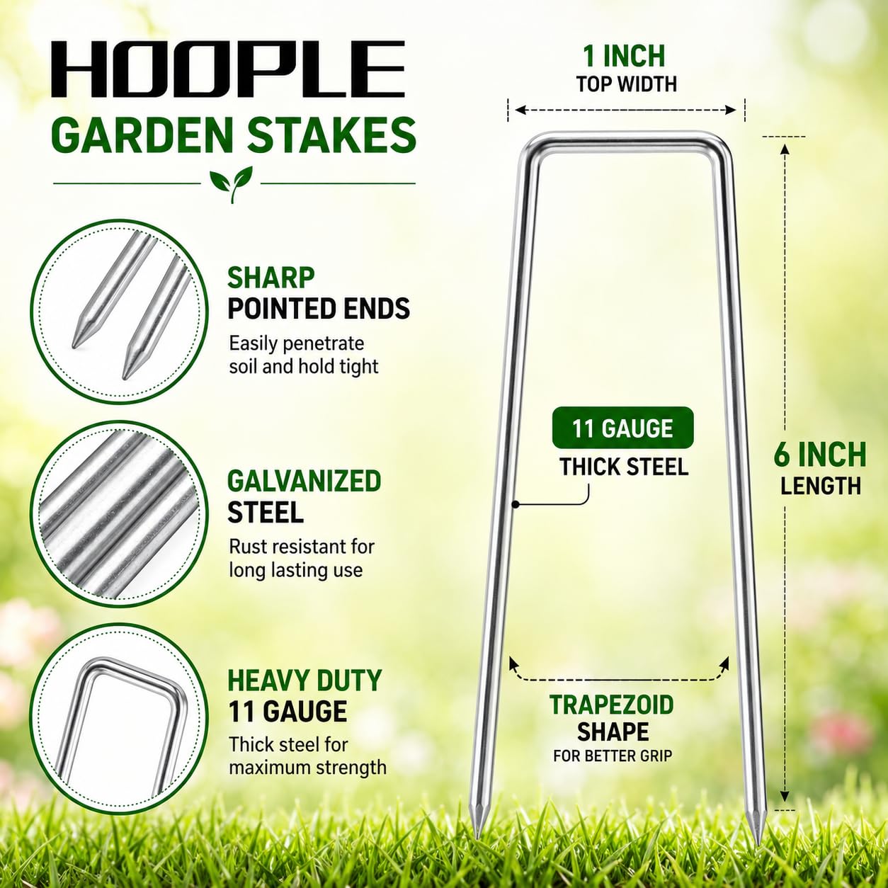 Close-up of HOOPLE galvanized garden stakes showing sharp ends