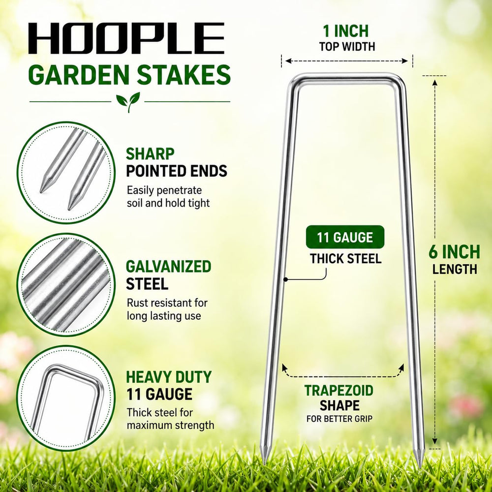 Close-up of HOOPLE galvanized garden stakes showing sharp ends