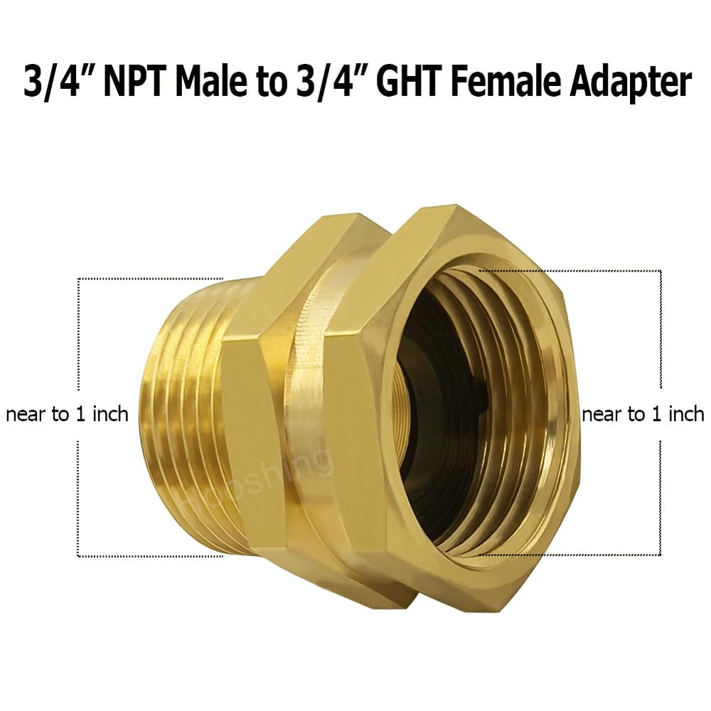 Close-up of Hooshing brass garden hose adapter with washers