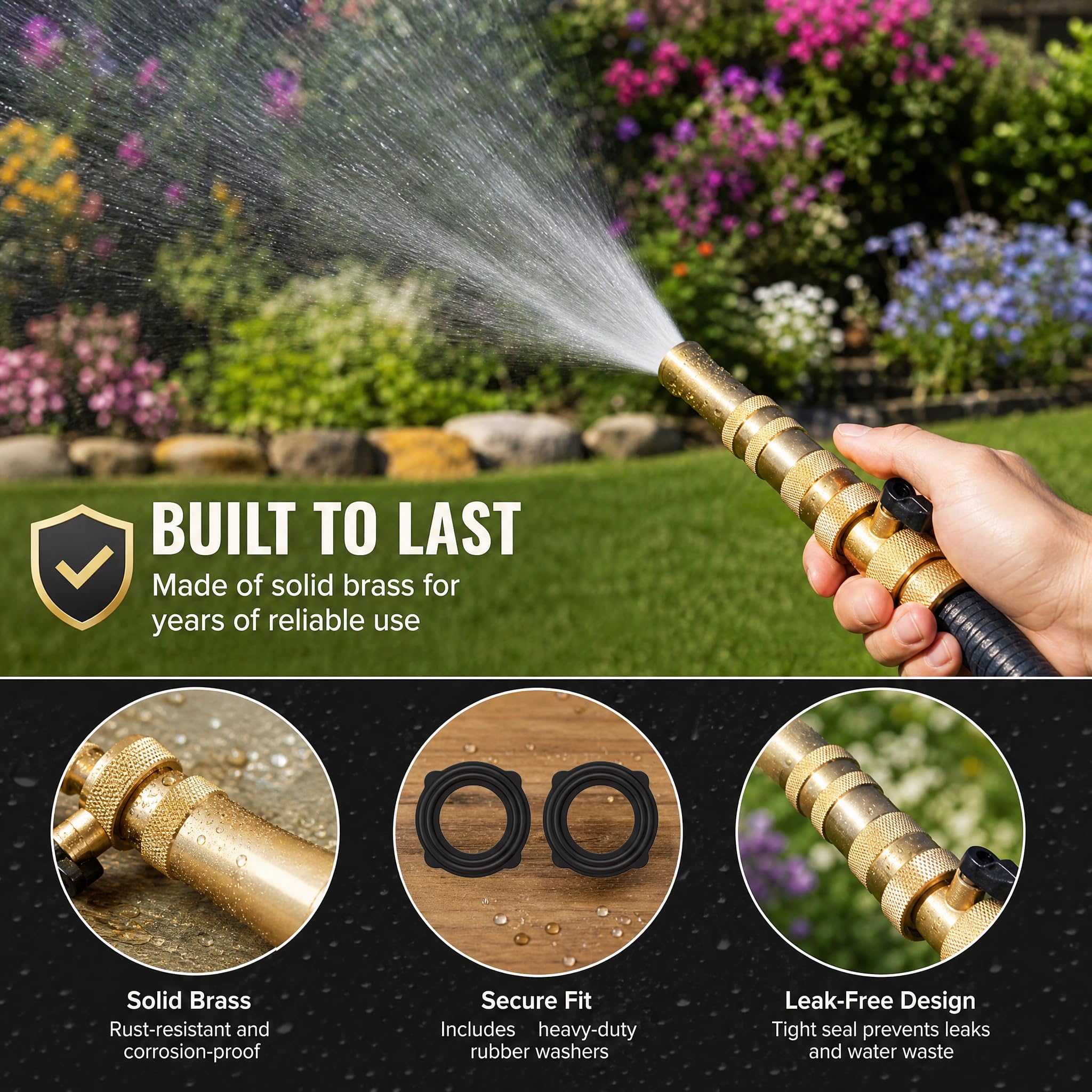 Close-up of Hourleey Adjustable Twist Hose Nozzle brass tip