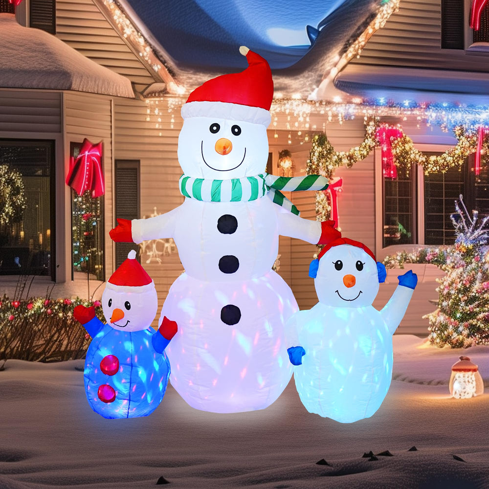 Close-up of Hourleey inflatable snowman showing colorful LED lights