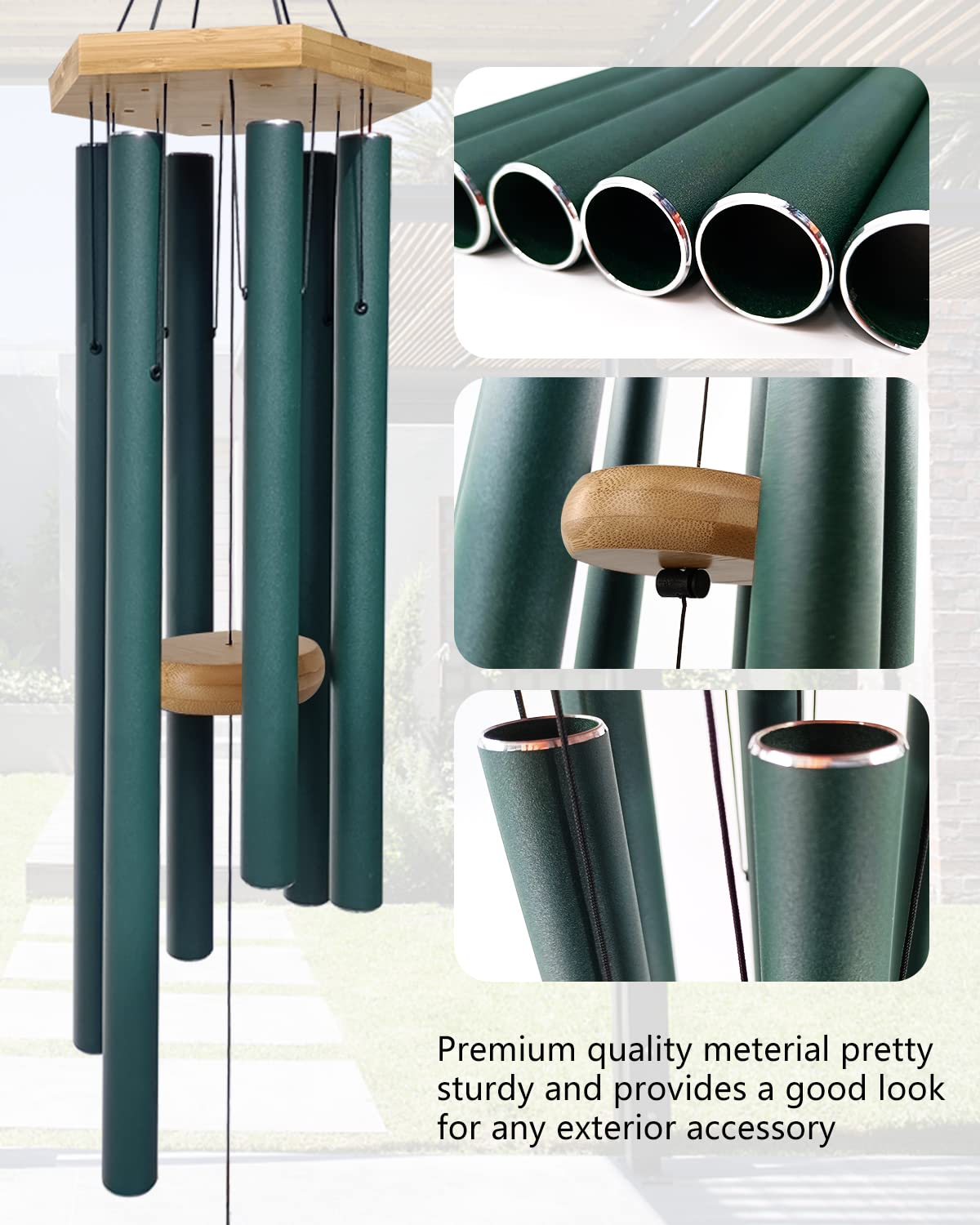 Close-up of Howarmer wind chime tubes and wooden top