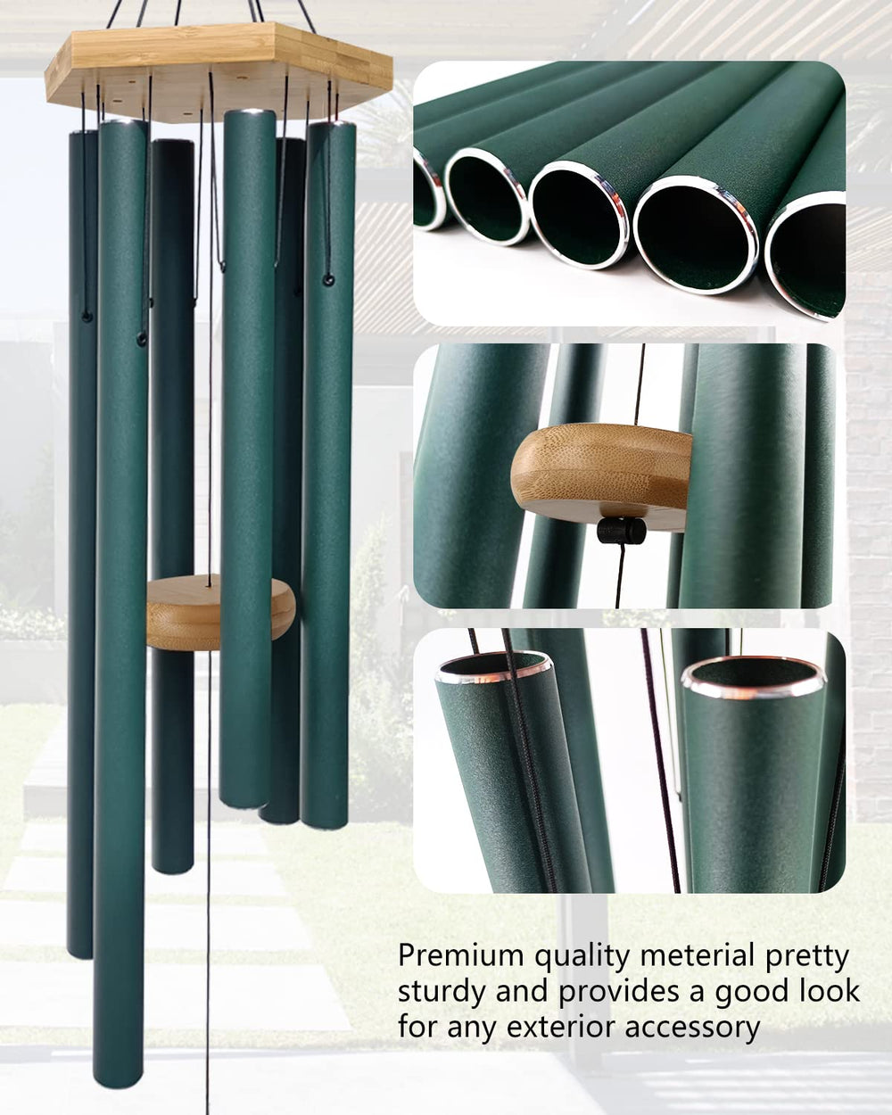 Close-up of Howarmer wind chime tubes and wooden top