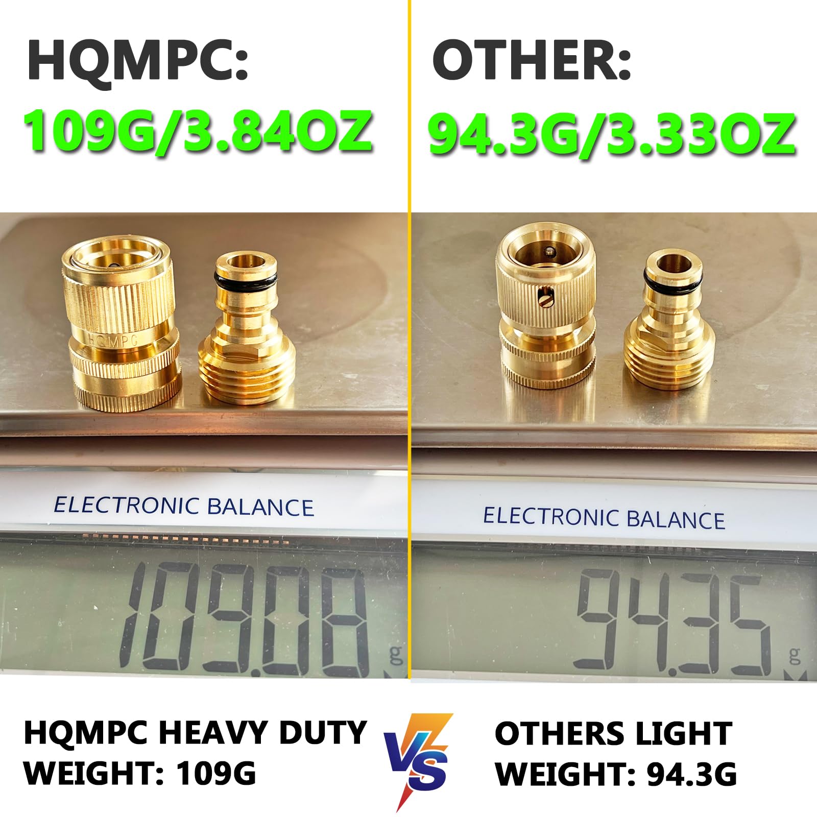 Close-up of HQMPC brass connectors showing solid construction