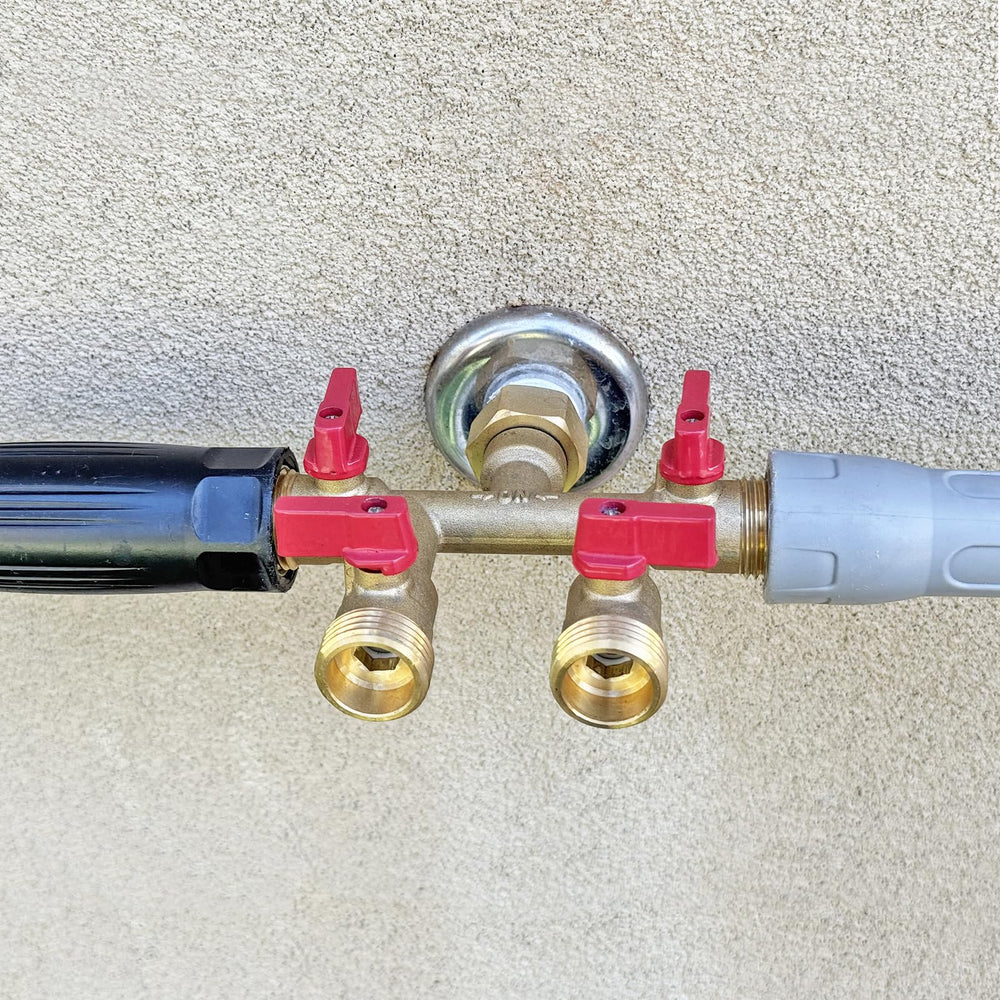 Close-up of HQMPC Hose Splitter's brass fittings