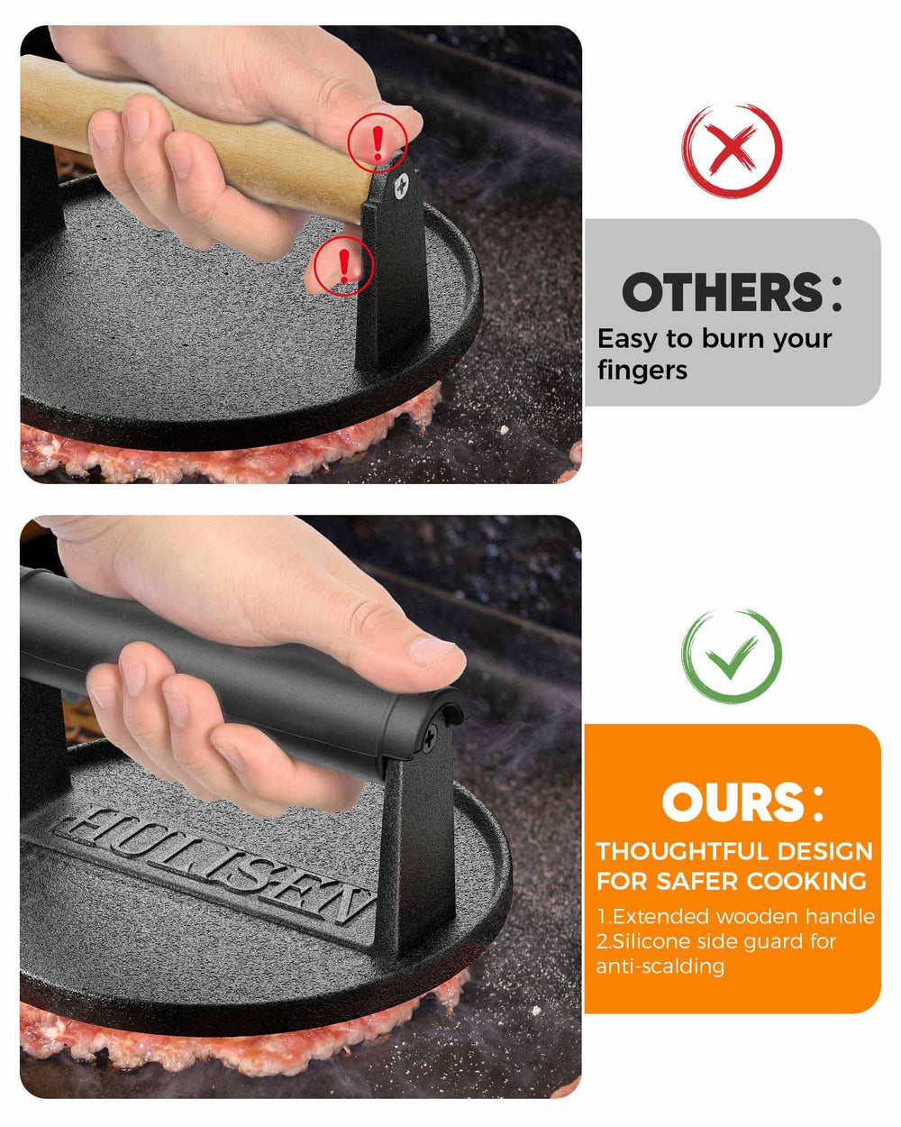Close-up of HULISEN burger press showcasing pre-seasoned cast iron surface