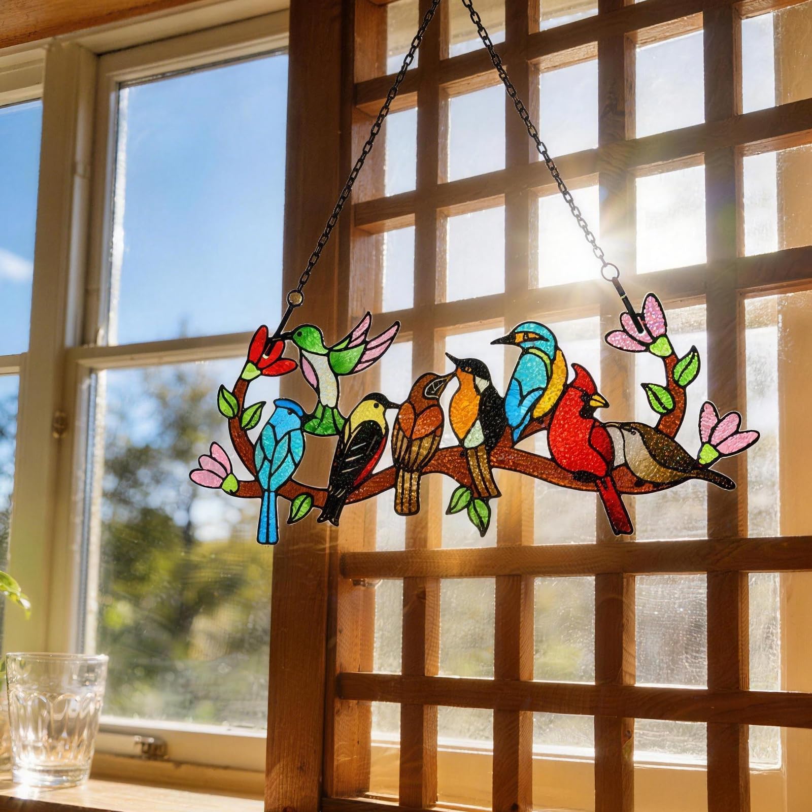 Close-up of Huray Rayho stained glass sun catcher showing vibrant colours and details