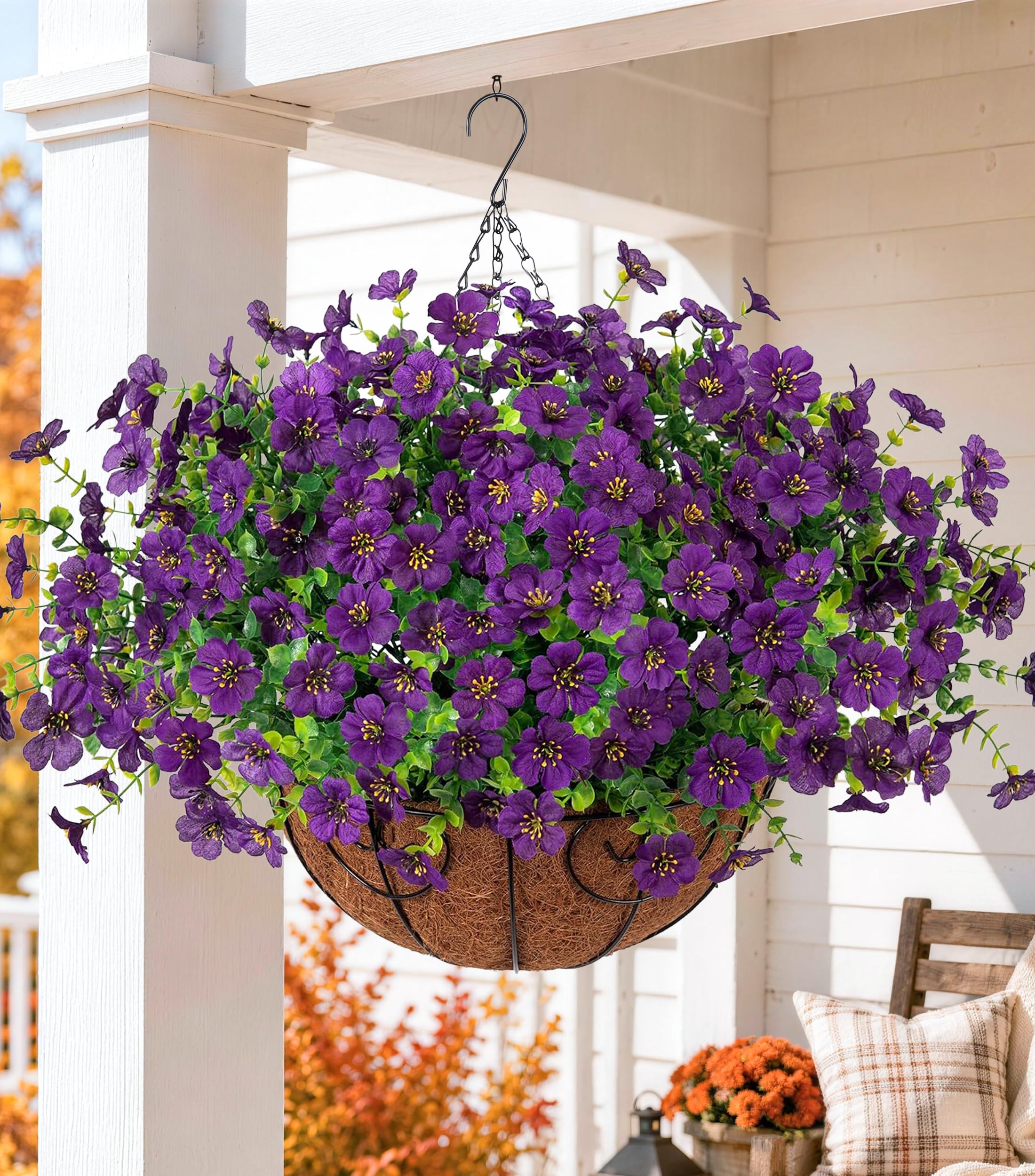 Close-up of HyeFlora hanging basket with metal chains