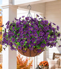 Close-up of HyeFlora hanging basket with metal chains