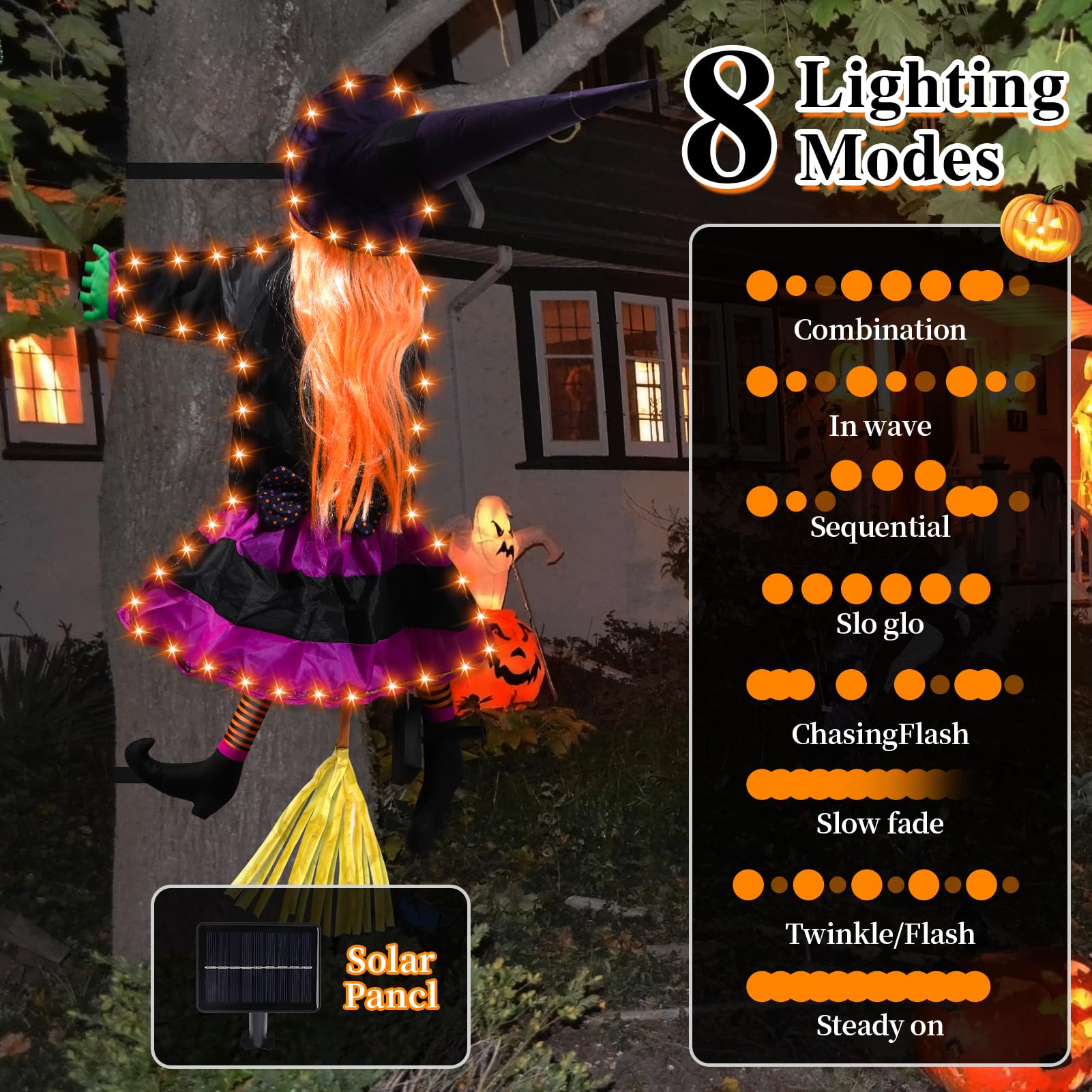 Close-up of ILLUMINEW Halloween witch with orange and purple lights