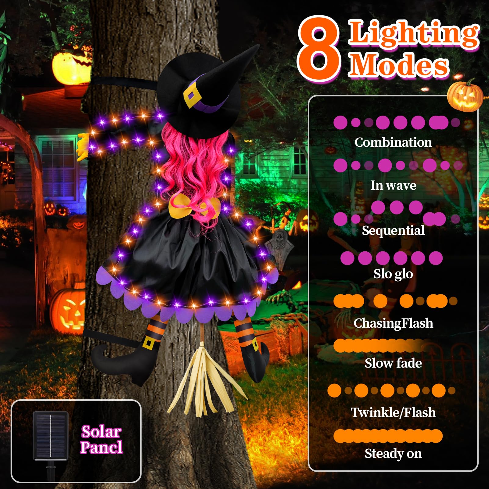 Close-up of ILLUMINEW Halloween Witch with purple and orange lights
