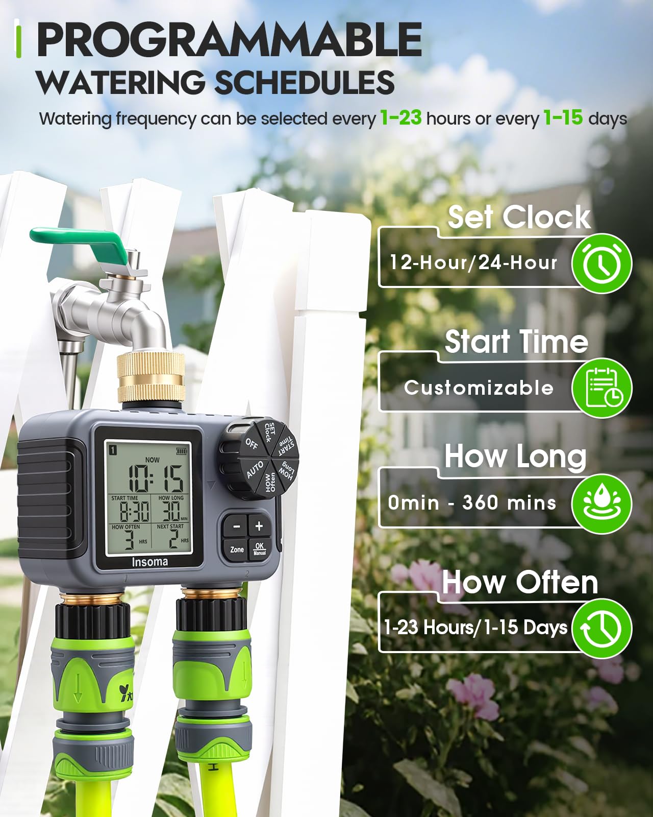 Close-up of Insoma sprinkler timer buttons and settings