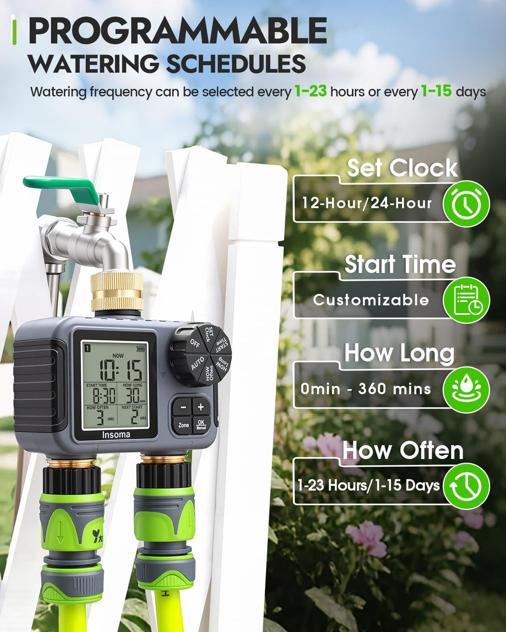 Close-up of Insoma sprinkler timer buttons and settings