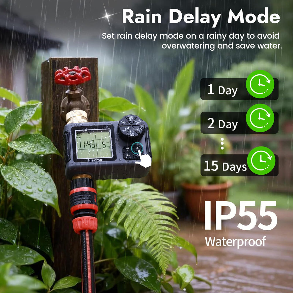 Close-up of Insoma Water Timer showing watering frequency settings