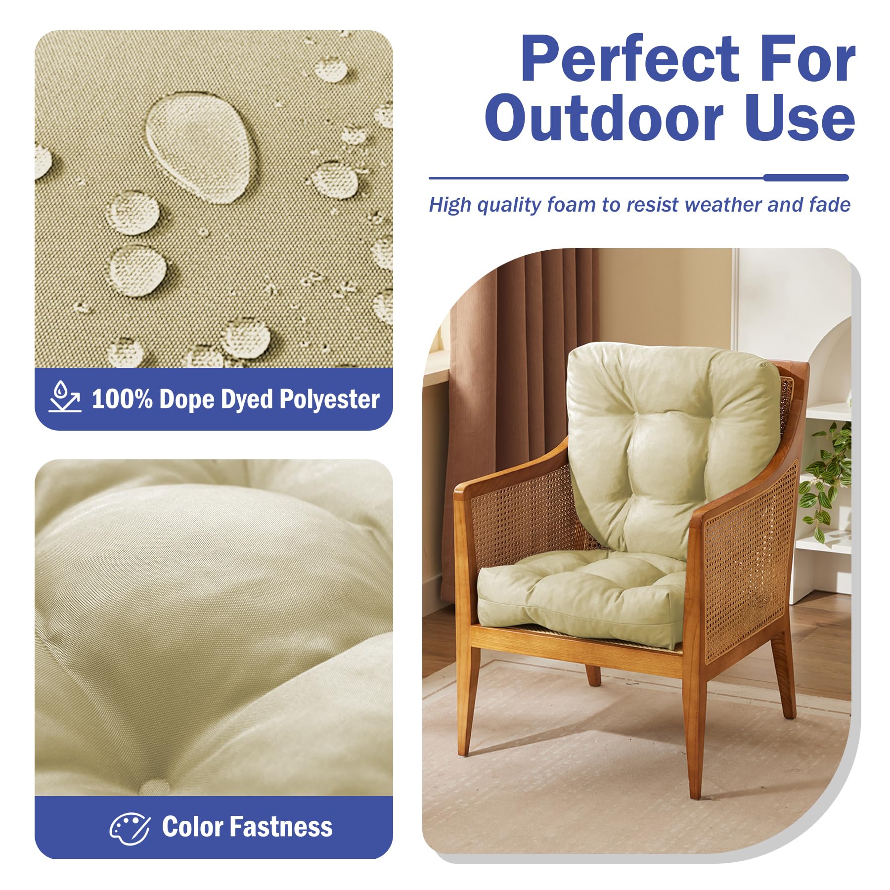 Close-up of IPYNBAP beige outdoor chair cushion with tufted design