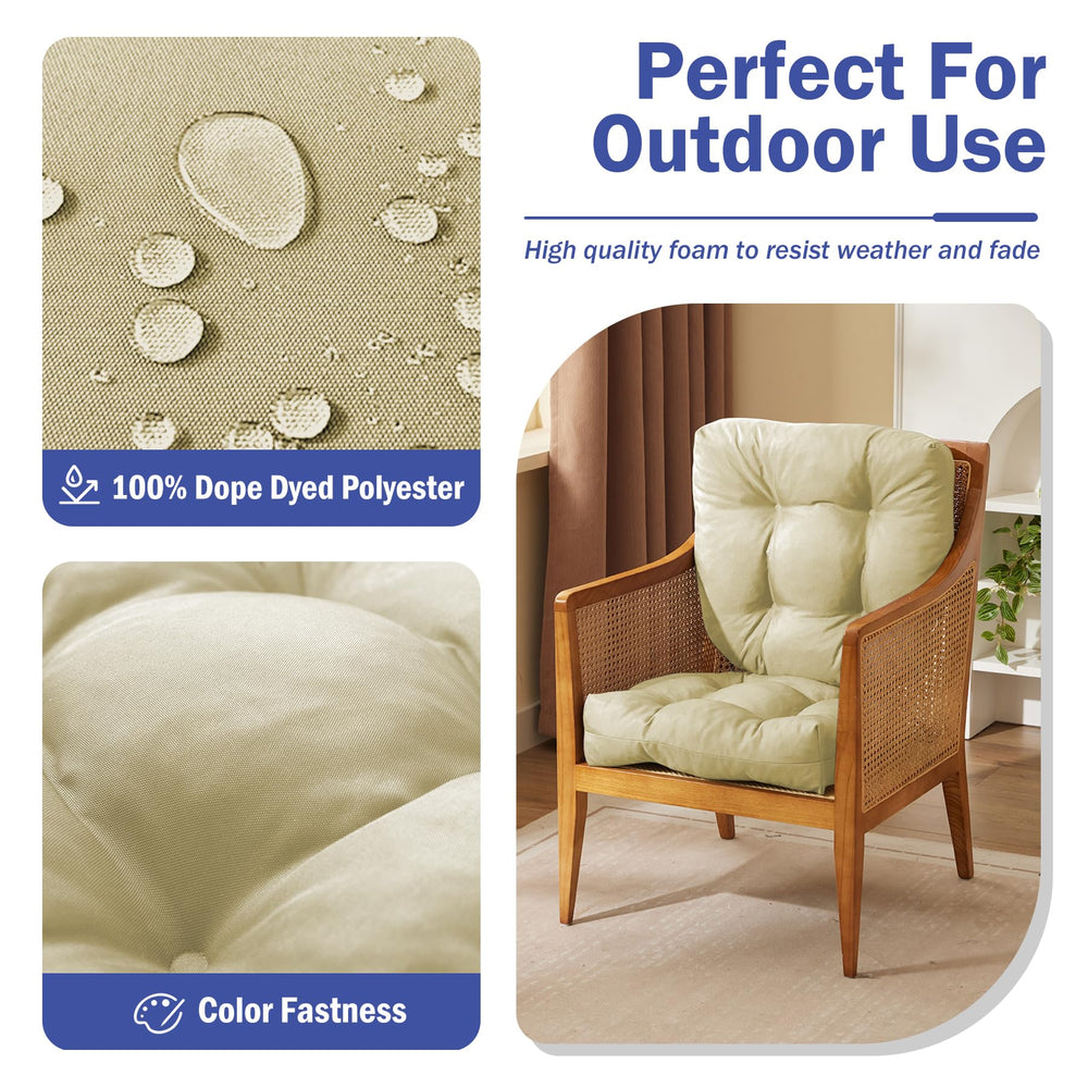 Close-up of IPYNBAP beige outdoor chair cushion with tufted design