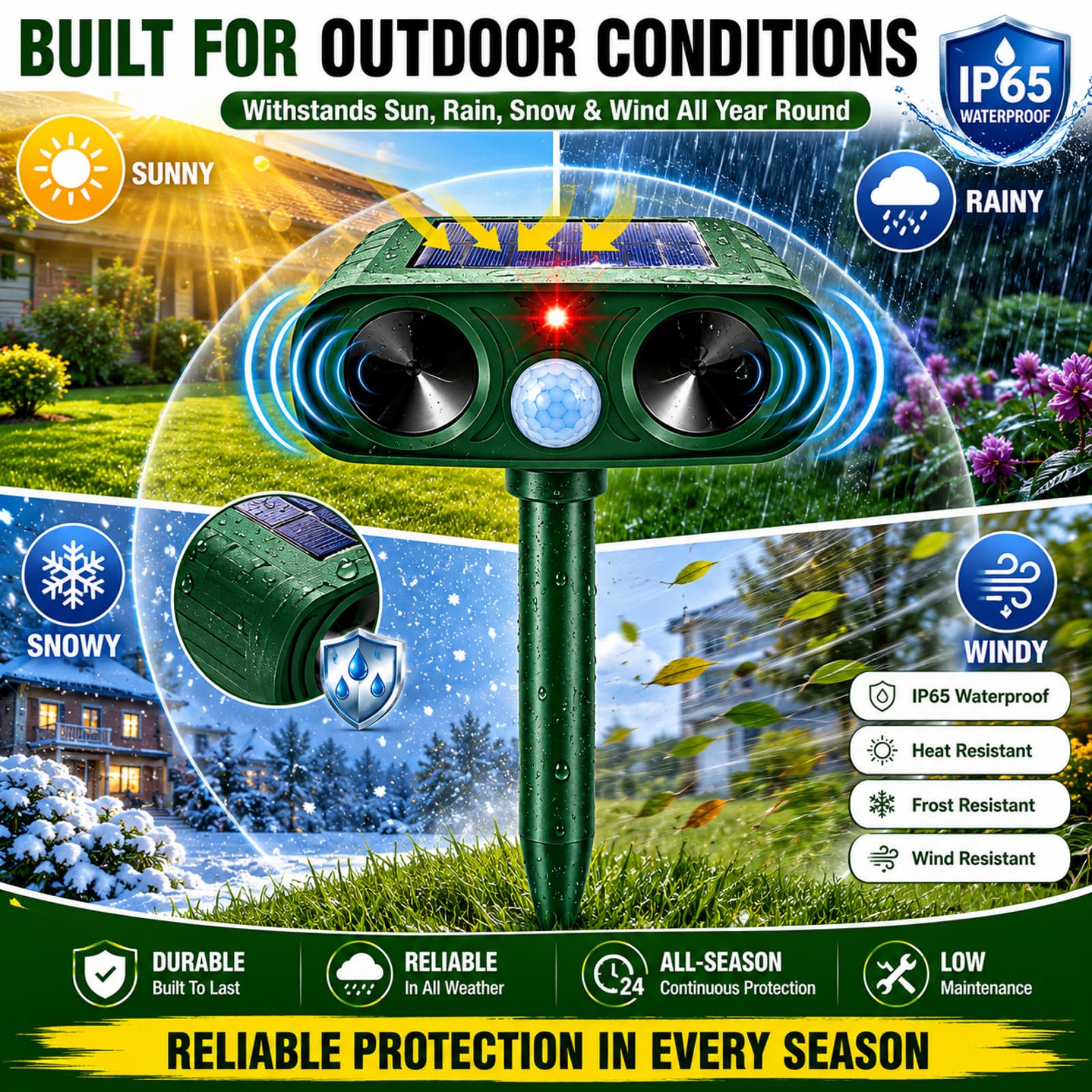 Close-up of JahyElec Ultrasonic Deer Repellent Device with motion sensor