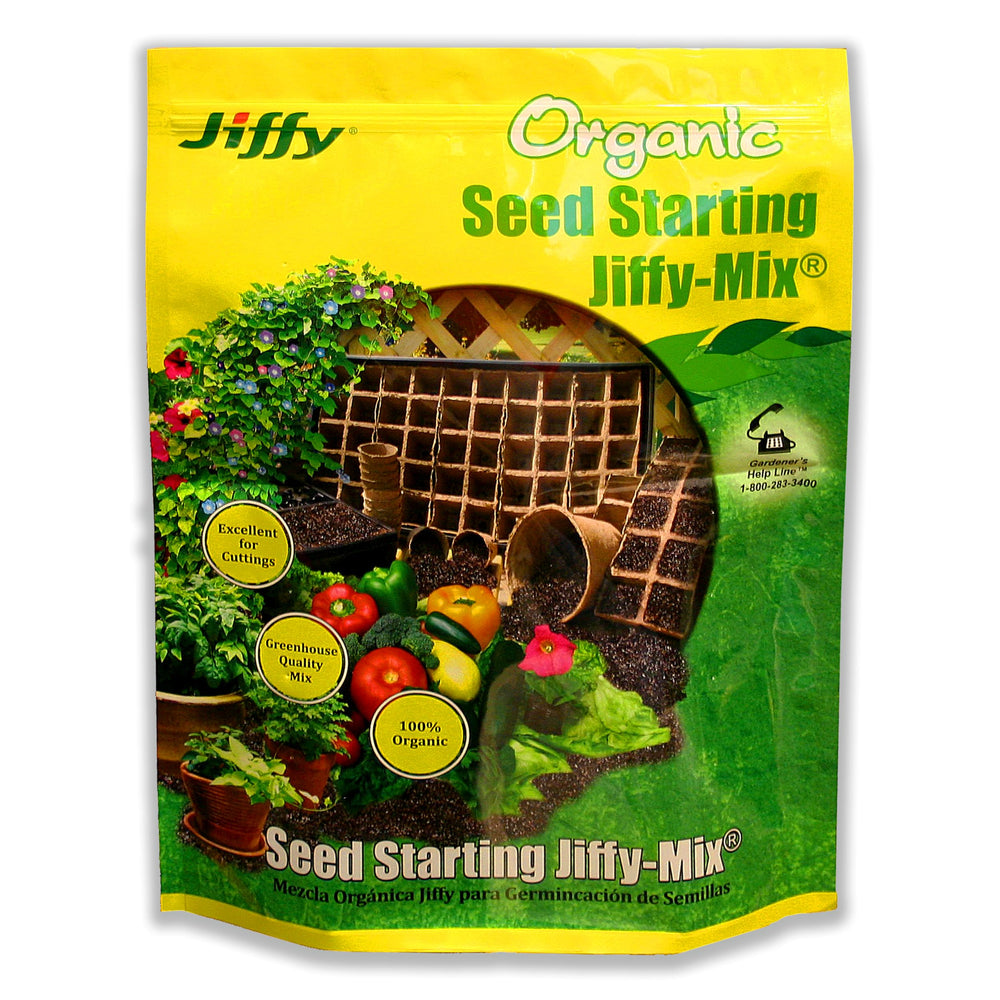 Close-up of Jiffy Seed Starting Soil Mix packaging